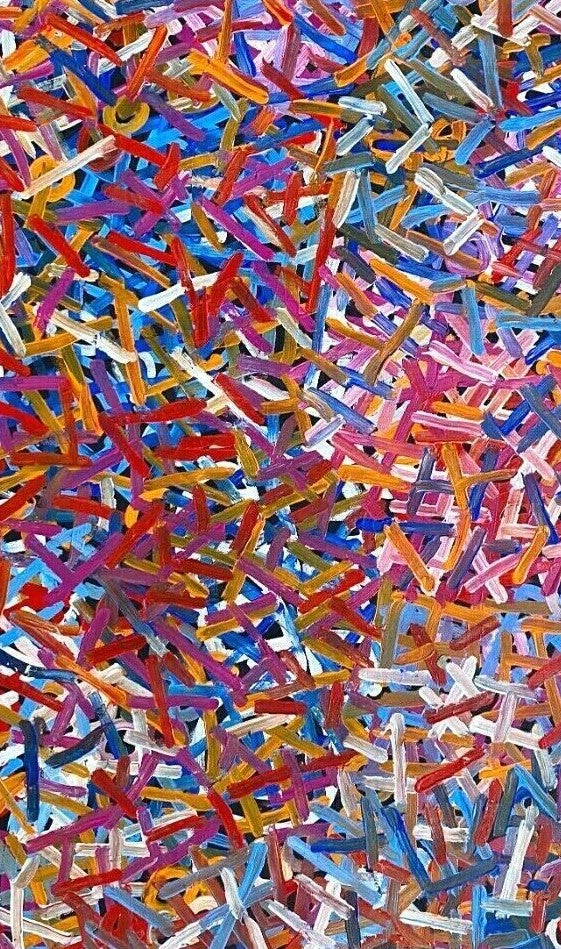Close-up of a vibrant multicoloured painting by Betty Club Mbitjana.