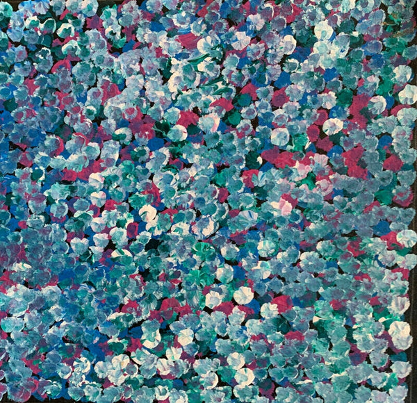 Belinda Golder Kngwarreye Bush Plum Dreaming painting 30x30cm Blue Green Pink White