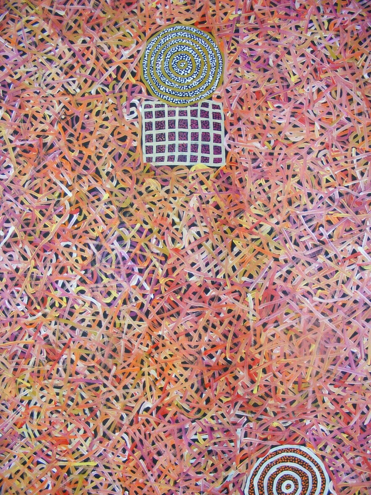 Close-up of Betty Club Mbitjana Awelye painting 117x200cm Orange Yellow Pink