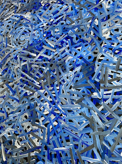 Close-up of a A 155x95cm painting by Betty Club Mbitjana in blue, light blue, grey, and white.