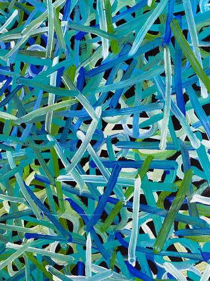 Close-up of a painting by Betty Club Mbitjana with predominantly blue and green hues.