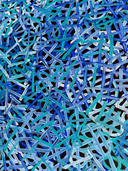 Close-up of a painting by Betty Club Mbitjana in blue and aqua hues.