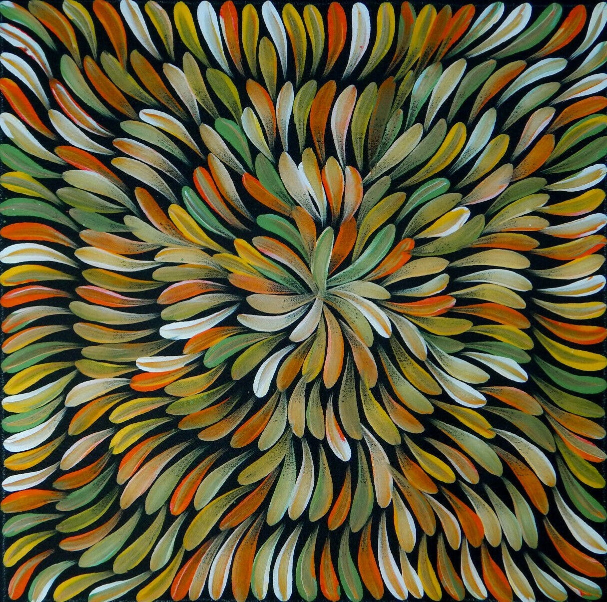 A stretched acrylic painting by Mary Rumble on canvas featuring a vibrant, pattern of intertwined medicine leaves in various warm fawn, orange and white colours.