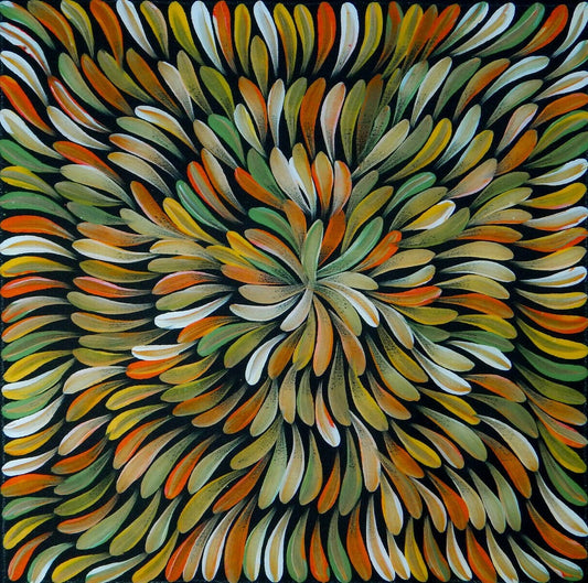 A stretched acrylic painting by Mary Rumble on canvas featuring a vibrant, pattern of intertwined medicine leaves in various warm fawn, orange and white colours.