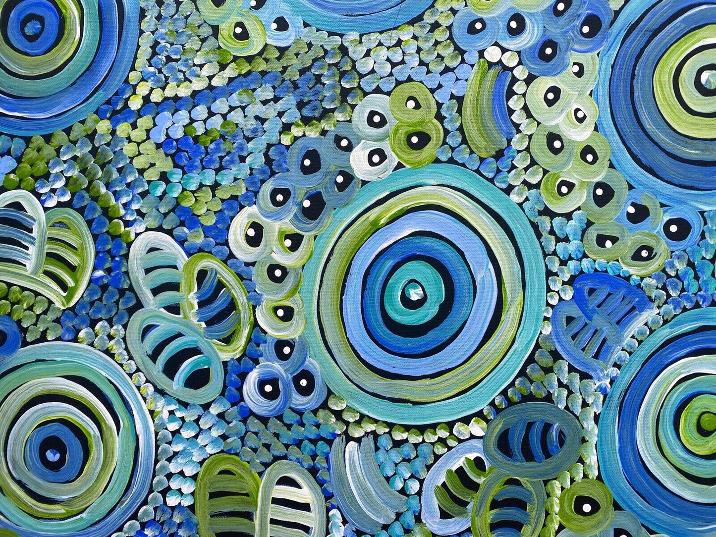 Dulcie Long Pula 'Awelye-Atnwengerrp (Body Paint)' painting 90x60cm Blues Greens