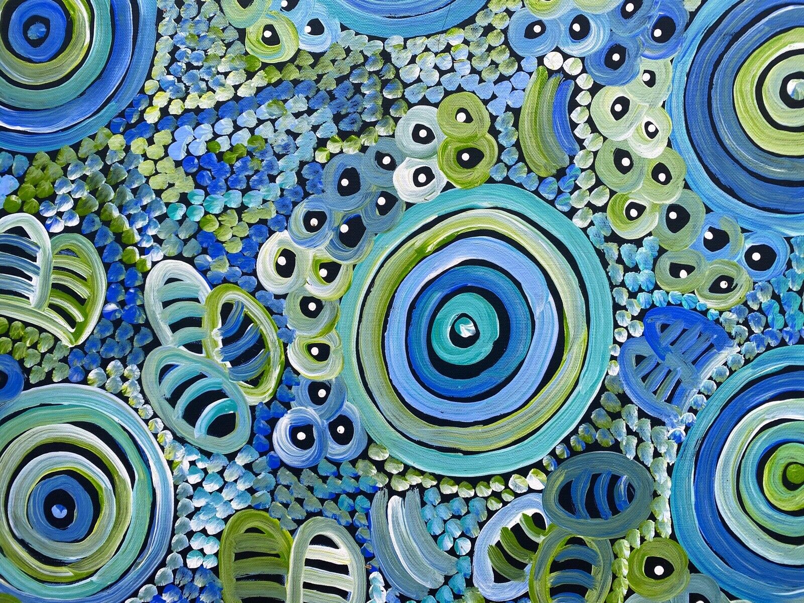 Dulcie Long Pula 'Awelye-Atnwengerrp (Body Paint)' painting 90x60cm Blues Greens