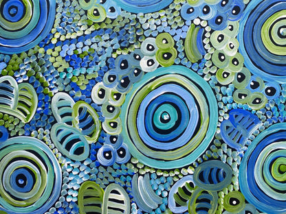 Dulcie Long Pula 'Awelye-Atnwengerrp (Body Paint)' painting 90x60cm Blues Greens