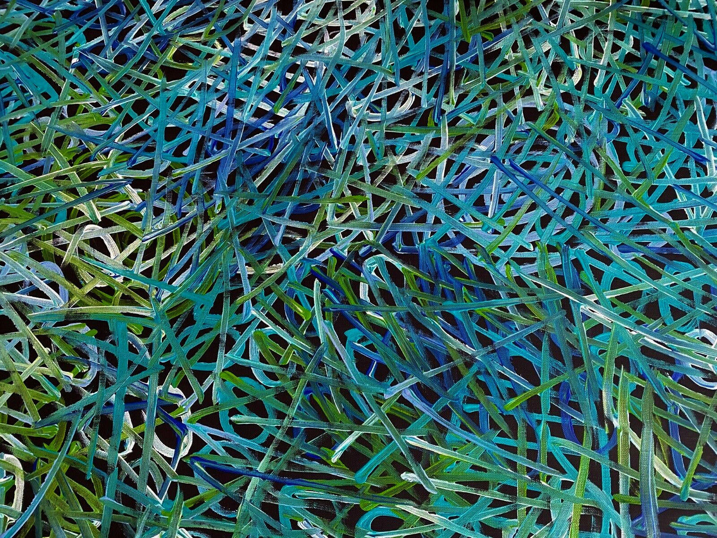 Close-up of an awelye painting by Betty Club Mbitjana in blue, green, aqua and white colours.