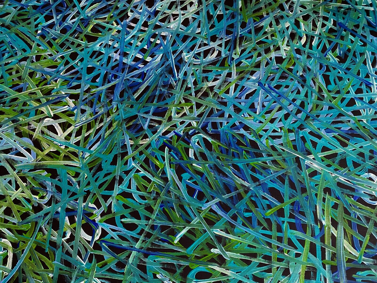 Close-up of an awelye painting by Betty Club Mbitjana in blue, green, aqua and white colours.