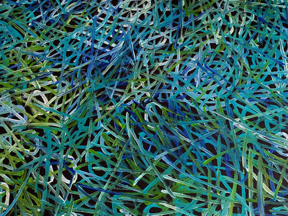 Close-up of an awelye painting by Betty Club Mbitjana in blue, green, aqua and white colours.