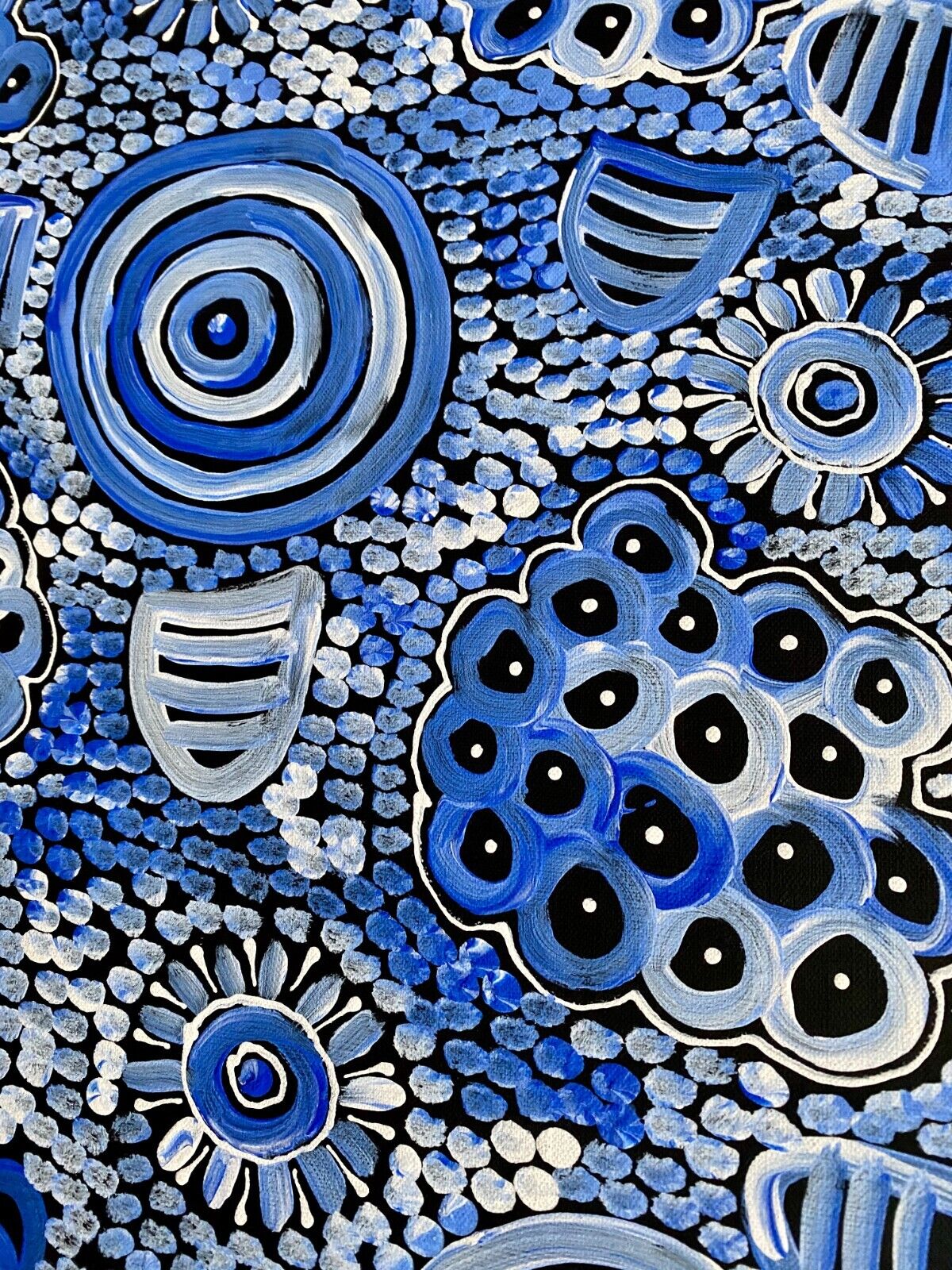 Dulcie Long Pula 'Awelye-Atnwengerrp (Body Paint)' painting 102x44cm Blues White