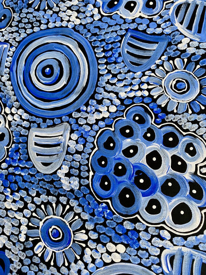 Dulcie Long Pula 'Awelye-Atnwengerrp (Body Paint)' painting 102x44cm Blues White