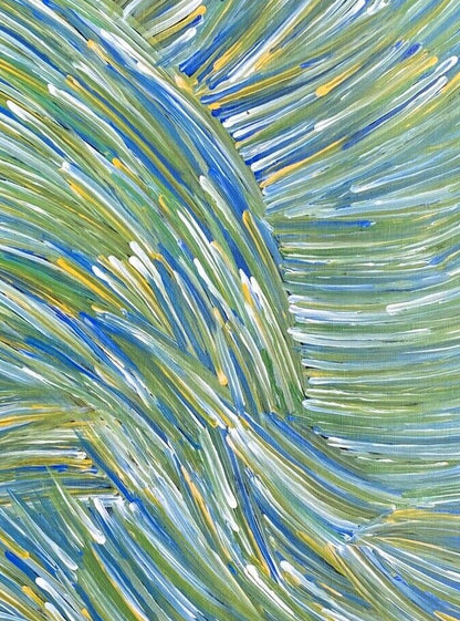 Close-up of a painting by Jedda Purvis Kngwarreye featuring vibrant green, blue and yellow lines in flowing, traditional patterns.