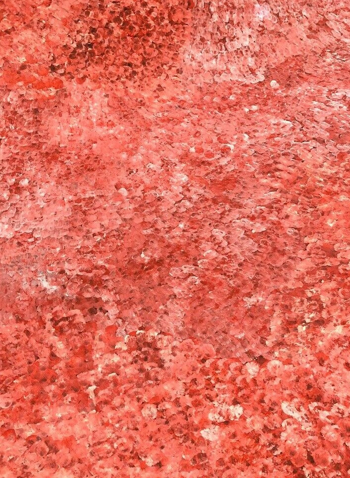 Close-up of a 150x200cm painting featuring an abstract pattern of orange tones, representing the 'Bush Plum Dreaming' artwork by Polly Ngale.