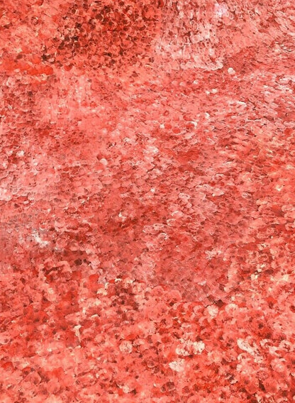 Close-up of a 150x200cm painting featuring an abstract pattern of orange tones, representing the 'Bush Plum Dreaming' artwork by Polly Ngale.