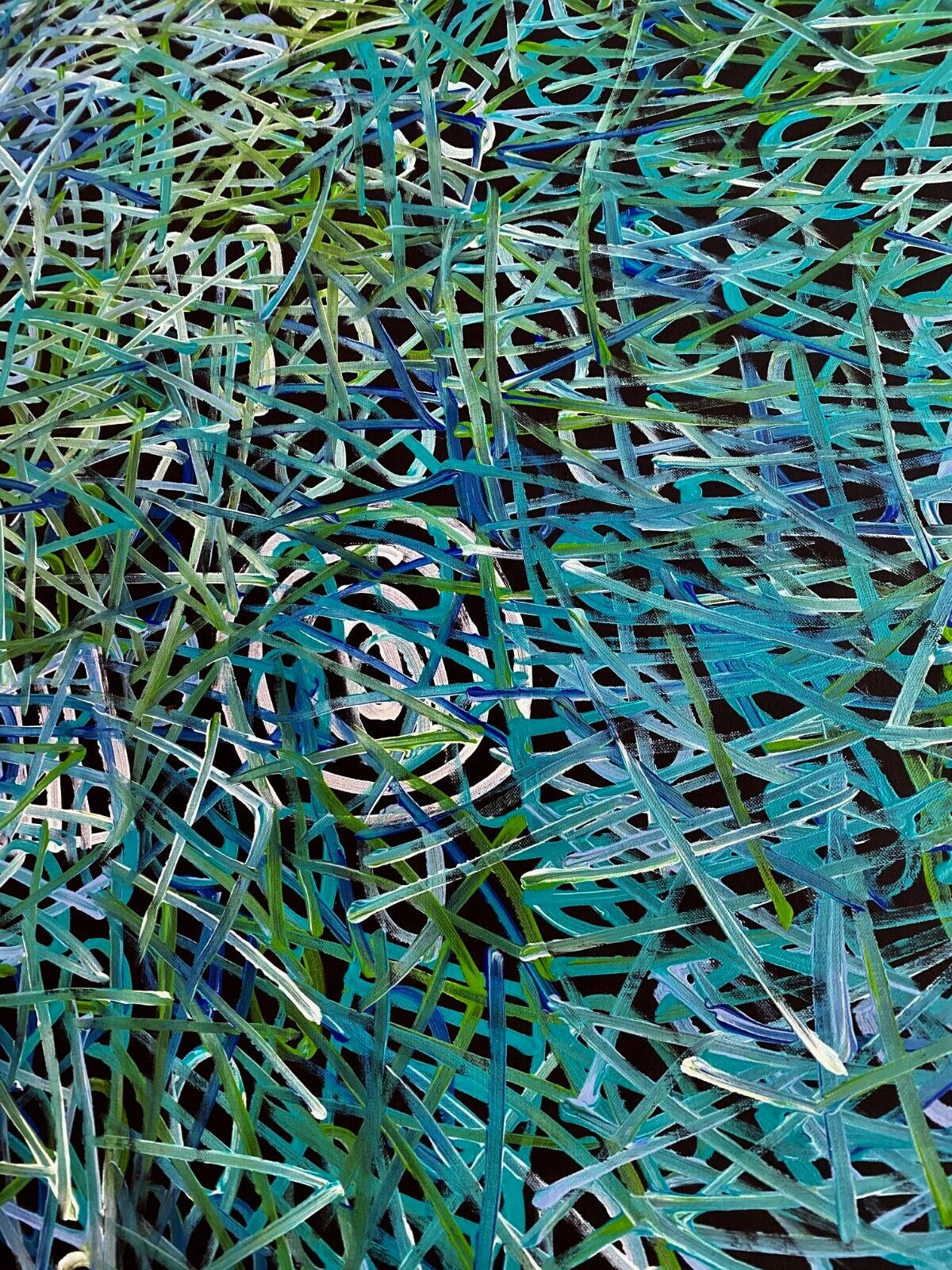 Close-up of an awelye painting by Betty Club Mbitjana in blue, green, aqua and white colours.