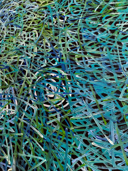 Close-up of an awelye painting by Betty Club Mbitjana in blue, green, aqua and white colours.