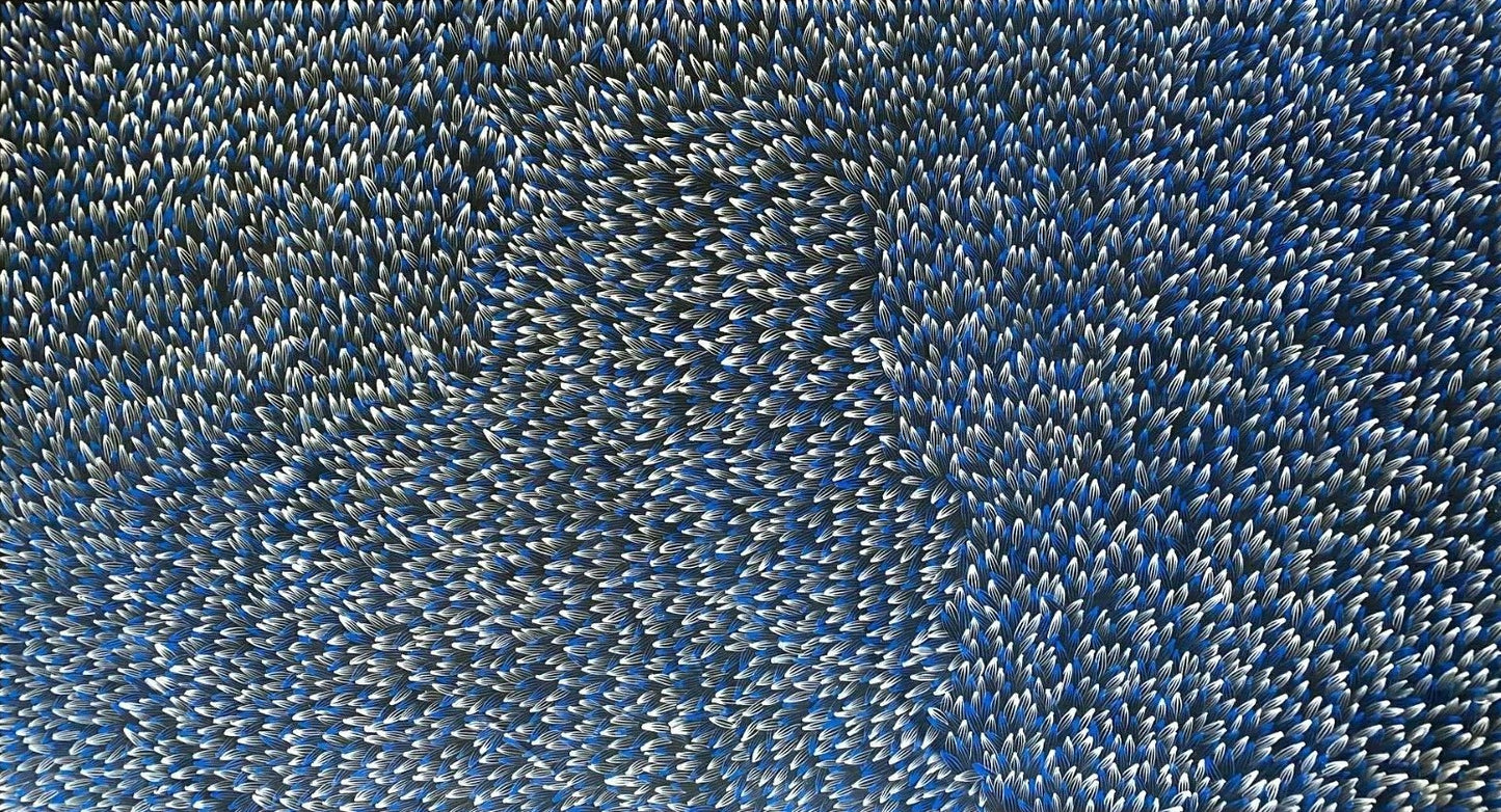 Abie Loy Kemarre Bush Medicine Leaf painting Blue, Black and White, 110x200cm
