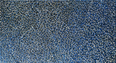 Abie Loy Kemarre Bush Medicine Leaf painting Blue, Black and White, 110x200cm