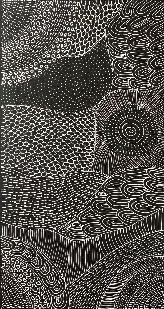 Freda Price Pitjara 'My Country' painting 100x50cm Black and White
