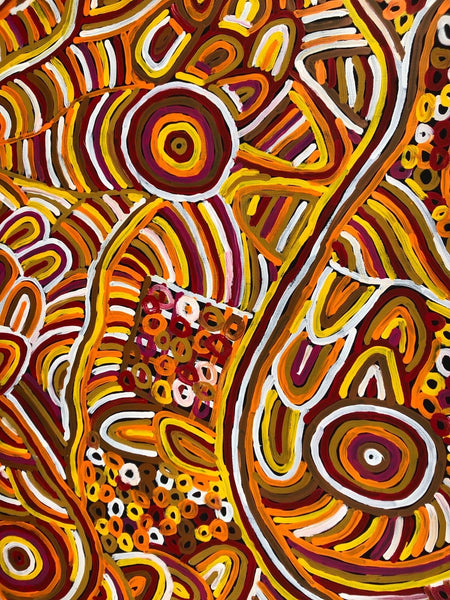 A detailed look at Betty Club Mbitjana's My Mother's Dreaming painting 100x150cm Orange Yellow Red