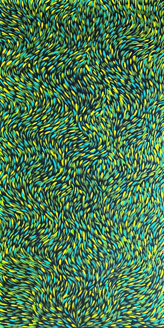 A painting by Gloria Petyarre featuring bush medicine leaves in green, aqua and yellow and on a black primed linen canvas.
