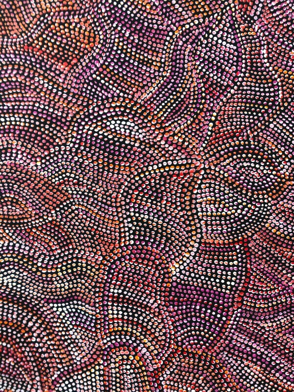 A close-up of an acrylic painting on primed linen by Joy Purvis Pitjara, featuring a detailed pattern of Bush Yam seeds with a mix of red, pink, and white dots on a black background