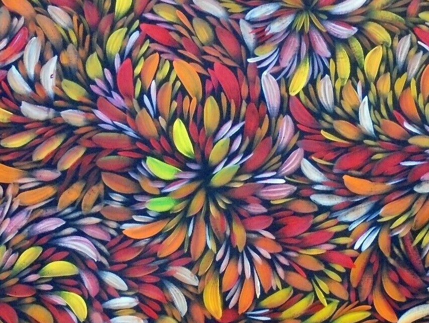 Close-up of a painting by Selina Numina Kamprina showing bush medicine leaves in floral-like motifs.